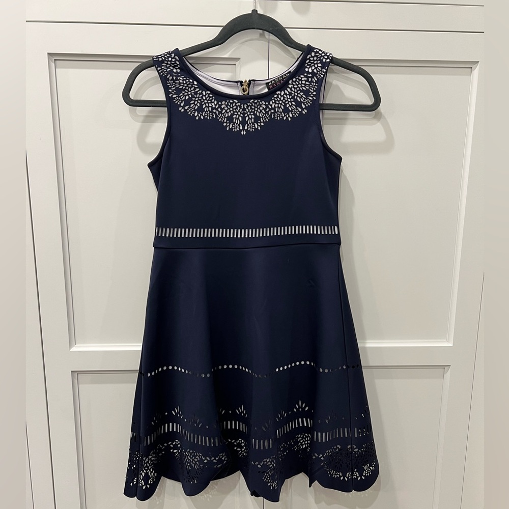 Girls Navy Dress - size 14 - pretty lace like detail at neck and hem